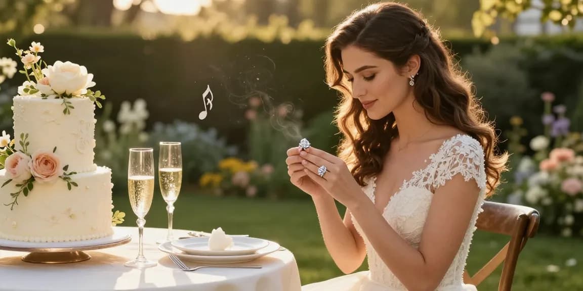 Luxury engagement rings online showcased in a romantic outdoor setting with a bride admiring her sparkling ring amidst floral decorations.