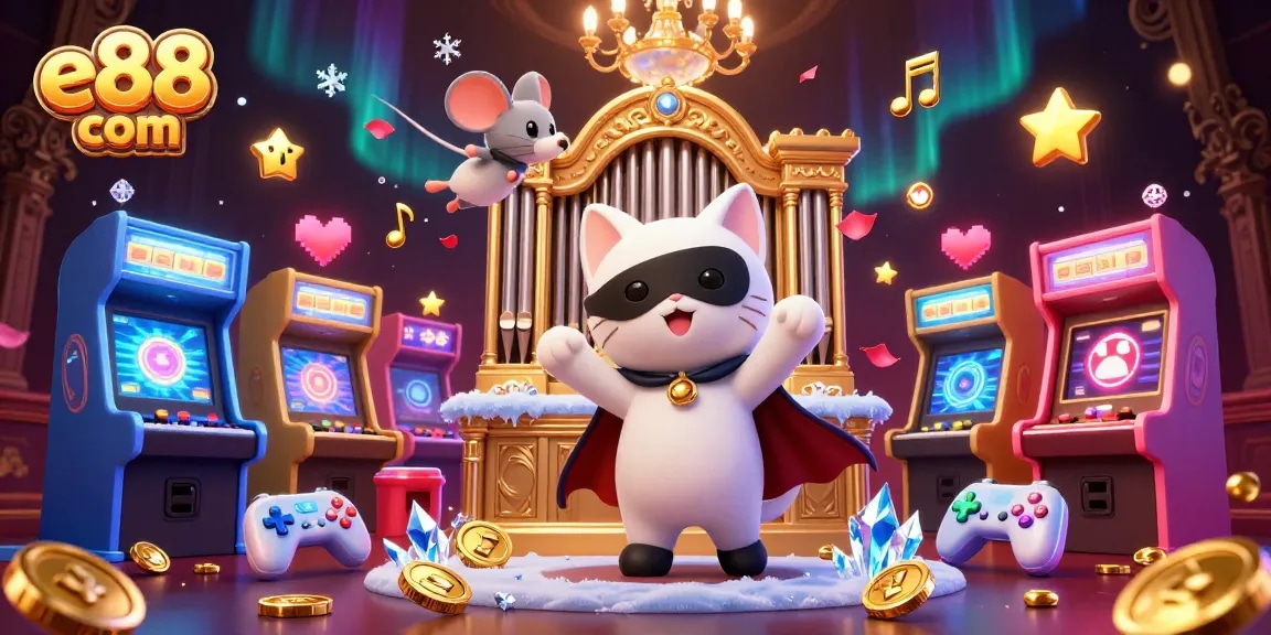 Engage with e88 com in a vibrant casino-themed illustration featuring dynamic characters and gaming elements.
