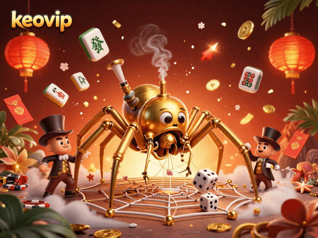 Engage with keovip's enchanting steampunk-themed casino illustration featuring a golden spider and playful elements.