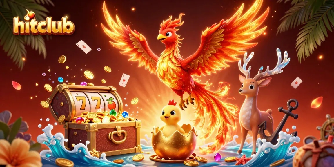 Engage with hitclub’s thrilling slots featuring fire phoenix and gold treasures in this vibrant 3D illustration.