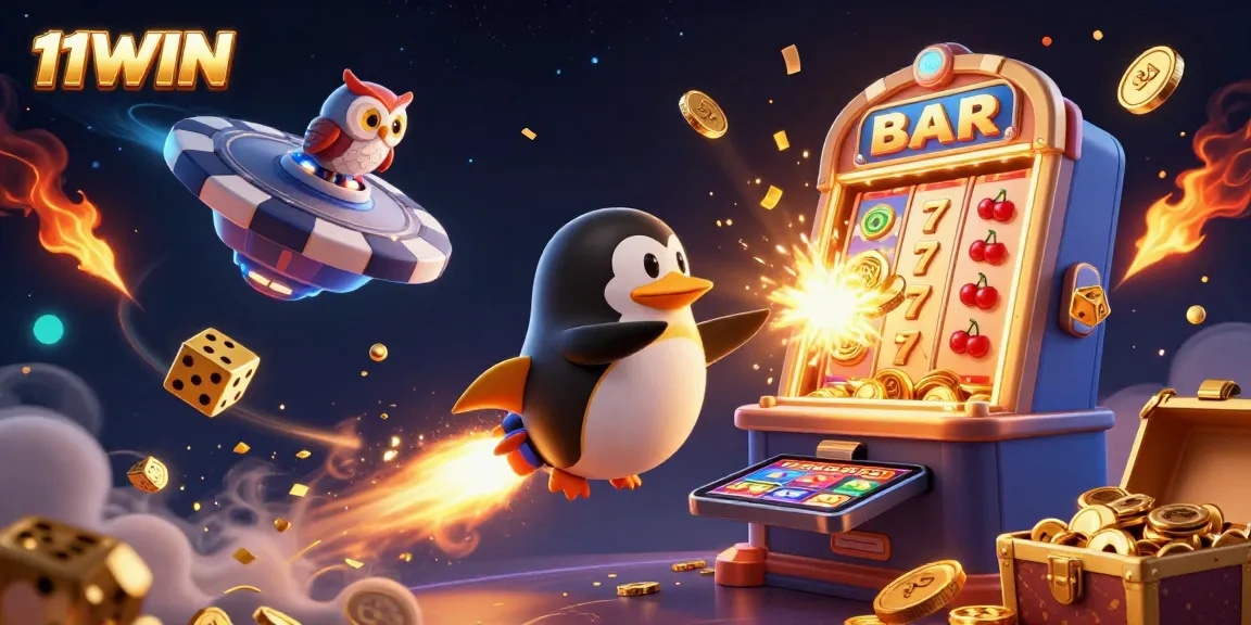 Experience the excitement of 11WIN as the golden penguin blasts through space, surrounded by vibrant casino elements.