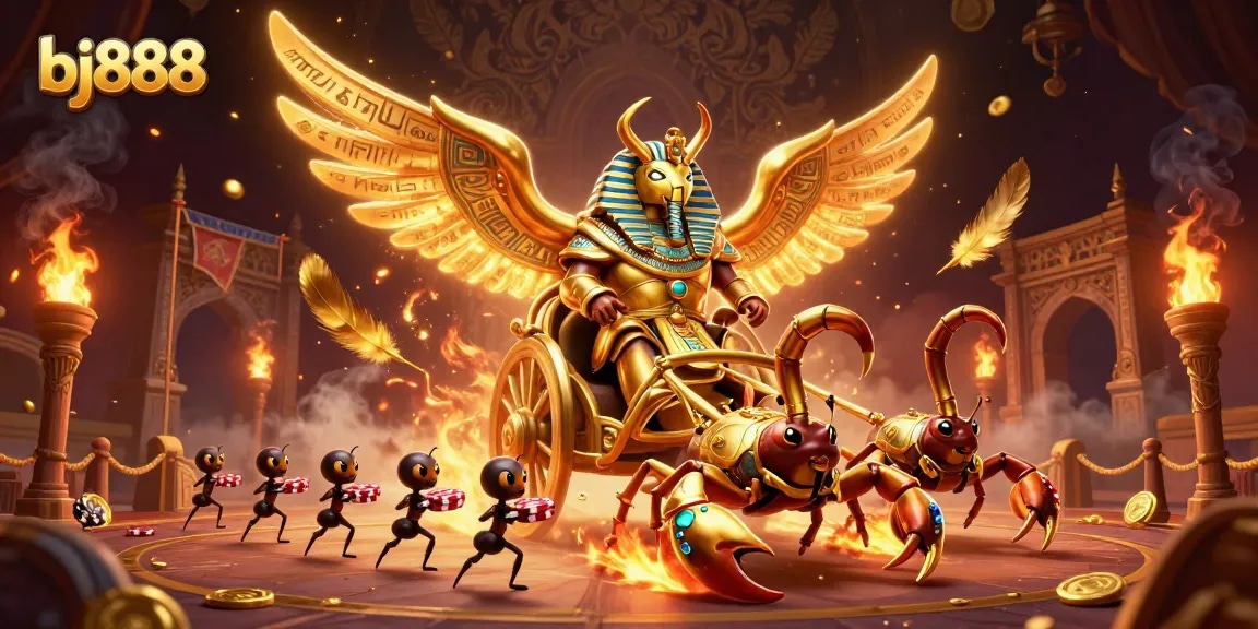 Experience the thrill of bj888 with a dynamic illustration featuring a golden scarab beetle chariot, showcasing poker chips and dramatic casino elements.