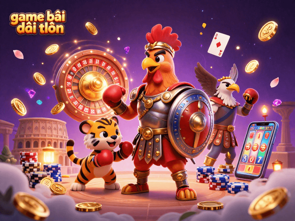 Experience game bài đổi thưởng with thrilling characters and vibrant casino elements in an epic scene.