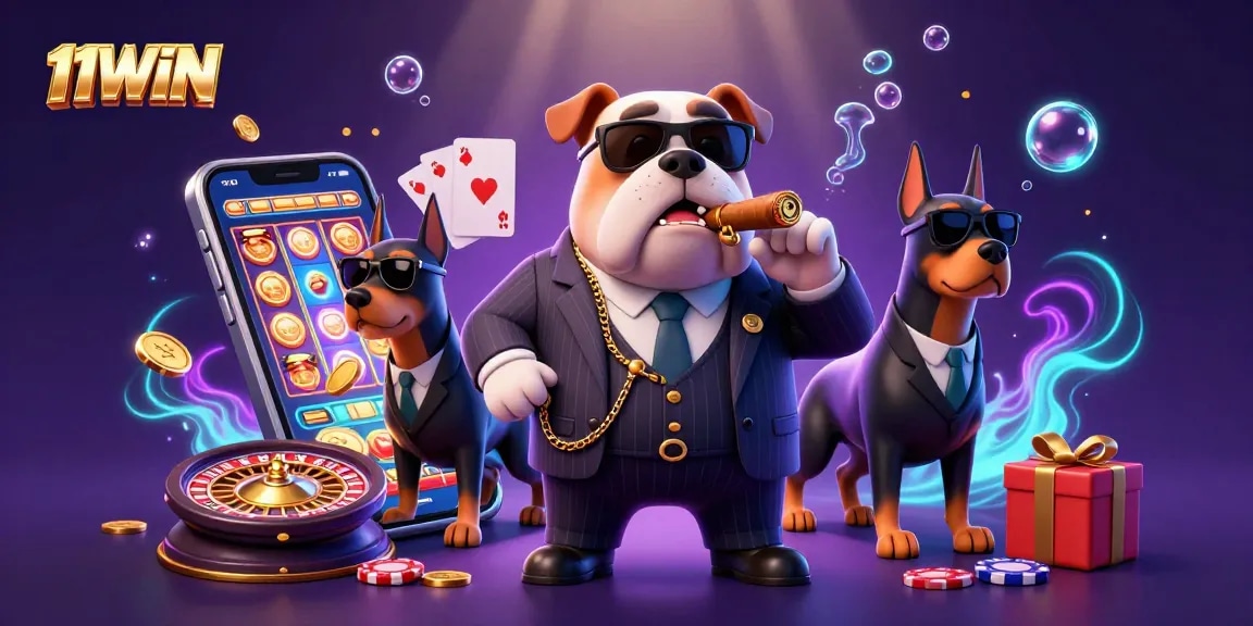 Engage with the thrilling 11WIN casino scene featuring a mafia bulldog and dynamic gaming elements.