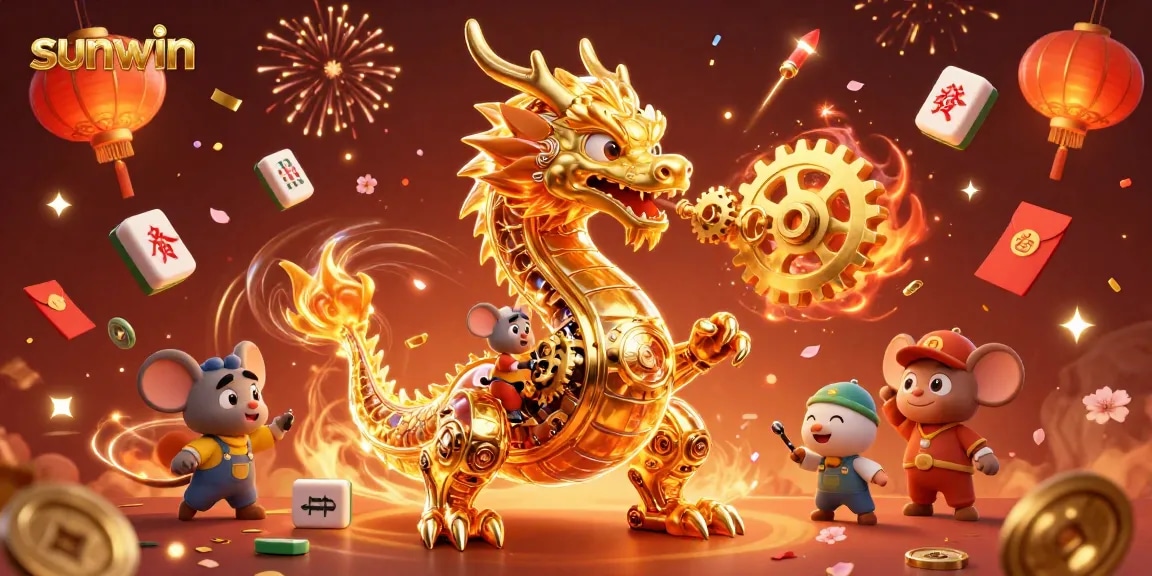 Experience the thrilling excitement of sunwin with a majestic dragon and festive casino elements.