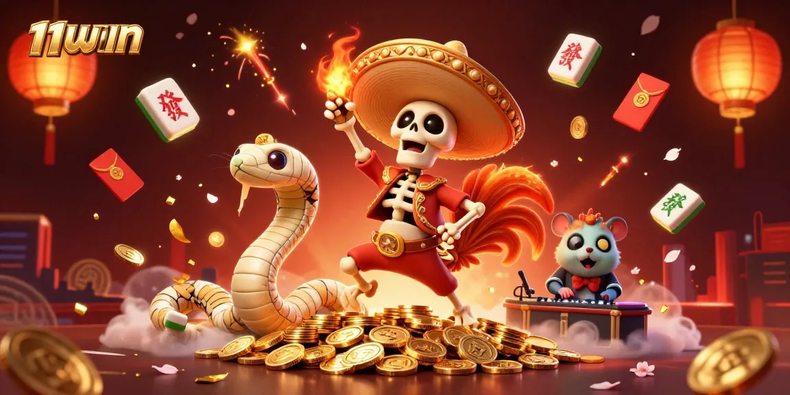 Celebrate with 11WIN: dynamic victory dance in a lively casino atmosphere.