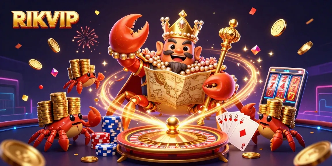 Experience the thrill of betting at RIKVIP with vibrant casino scenes featuring a golden crab emperor, flying coins, and sparkling gems.