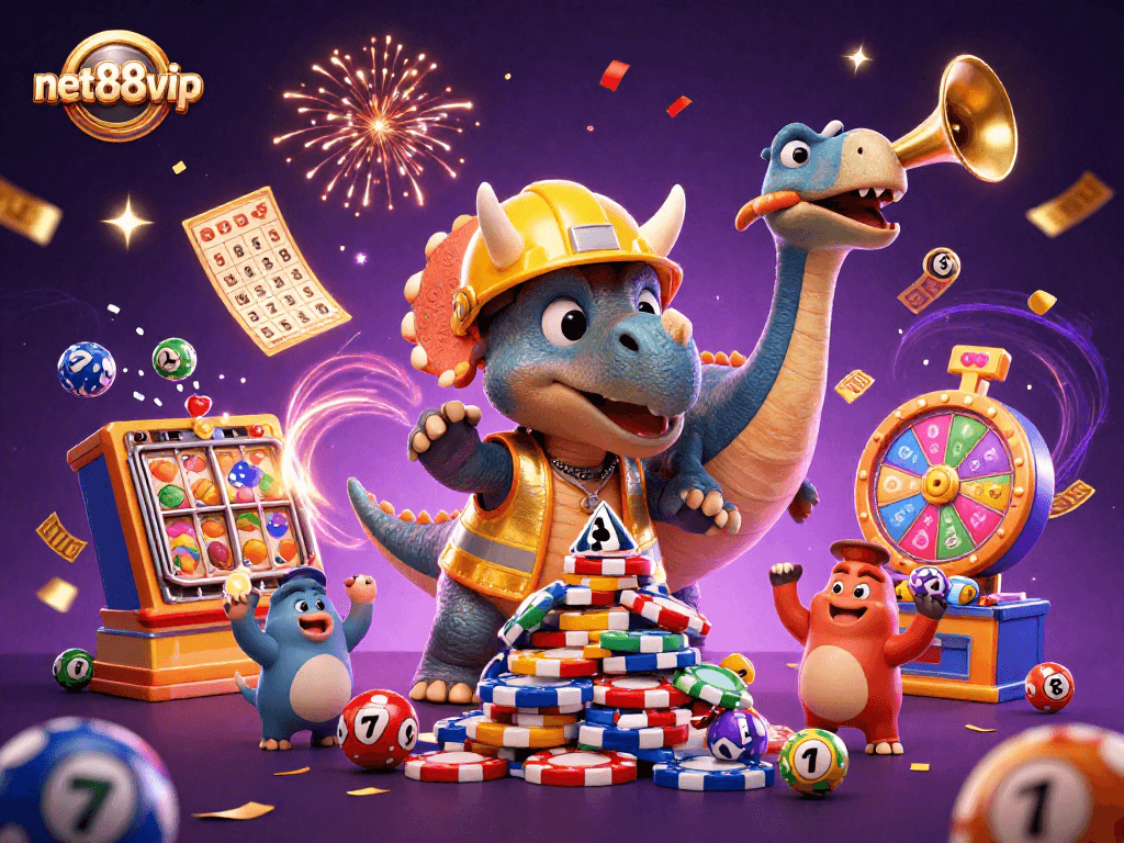 Experience the excitement of net88vip with animated casino fun, showcasing vibrant games and a joyful celebration.