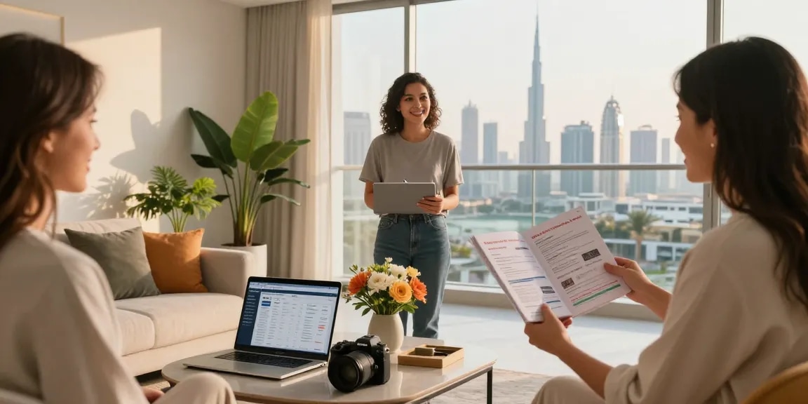 Professional hosting support in Dubai, inviting Airbnb setup with skyline views and welcoming atmosphere.