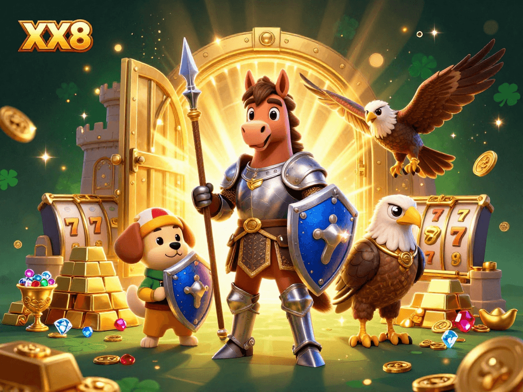 Experience enhanced winnings at XX8 with vibrant slot games, gold bars, and medieval characters!