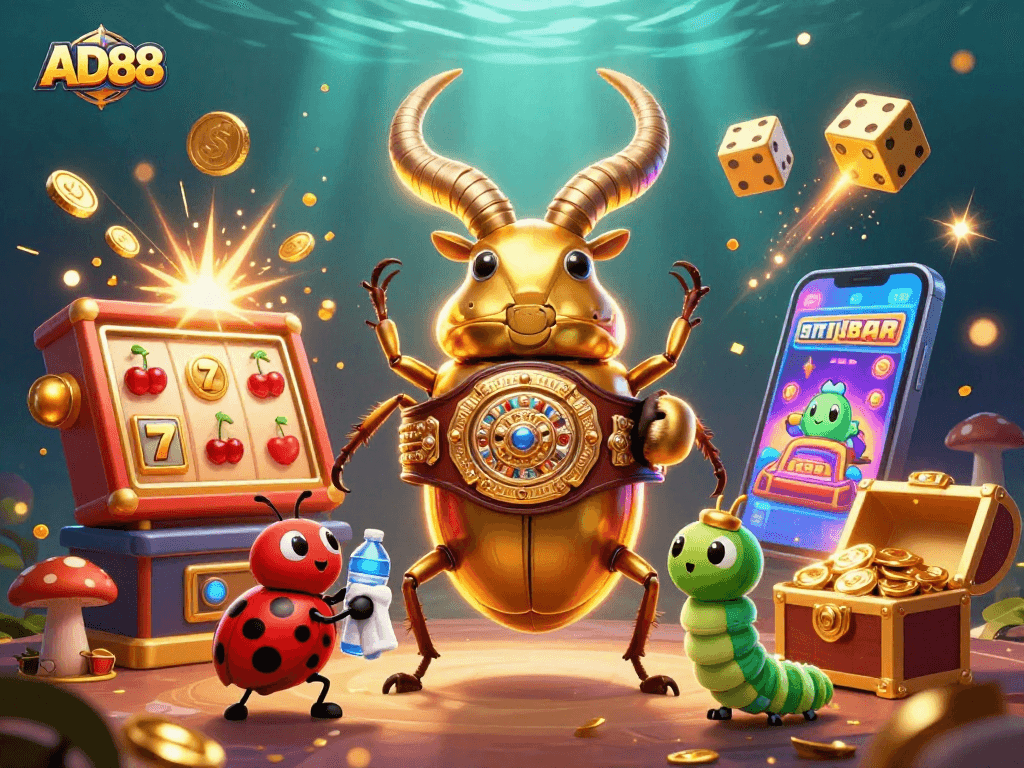 Experience the excitement of AD88 with a dynamic scene featuring a giant beetle and engaging casino elements.