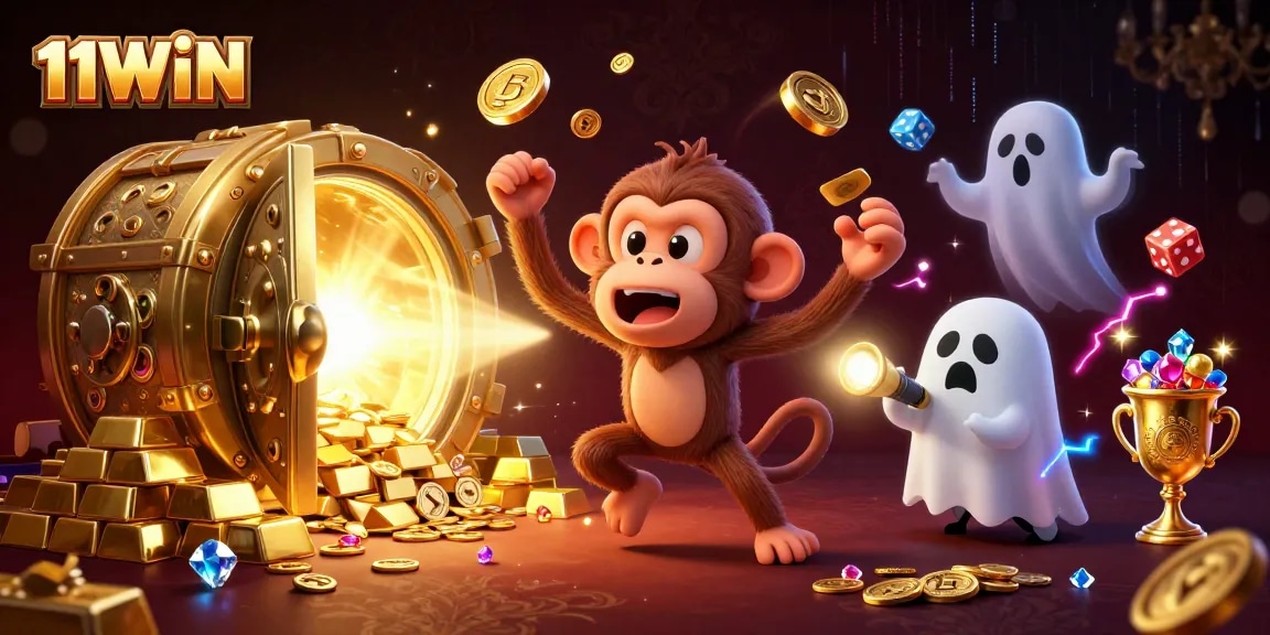 11WIN showcases a lively casino scene with a mischievous monkey juggling golden treasures.