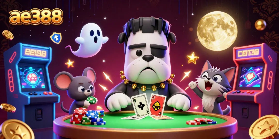 Experience thrilling gaming with ae388 as Frankenstein bulldog deals cards amidst neon casino elements.