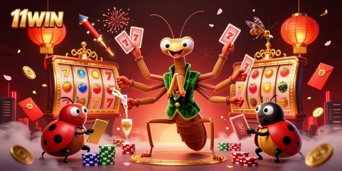 Experience the thrill of gaming with 11WIN casino-themed artwork full of vibrant characters and elements.