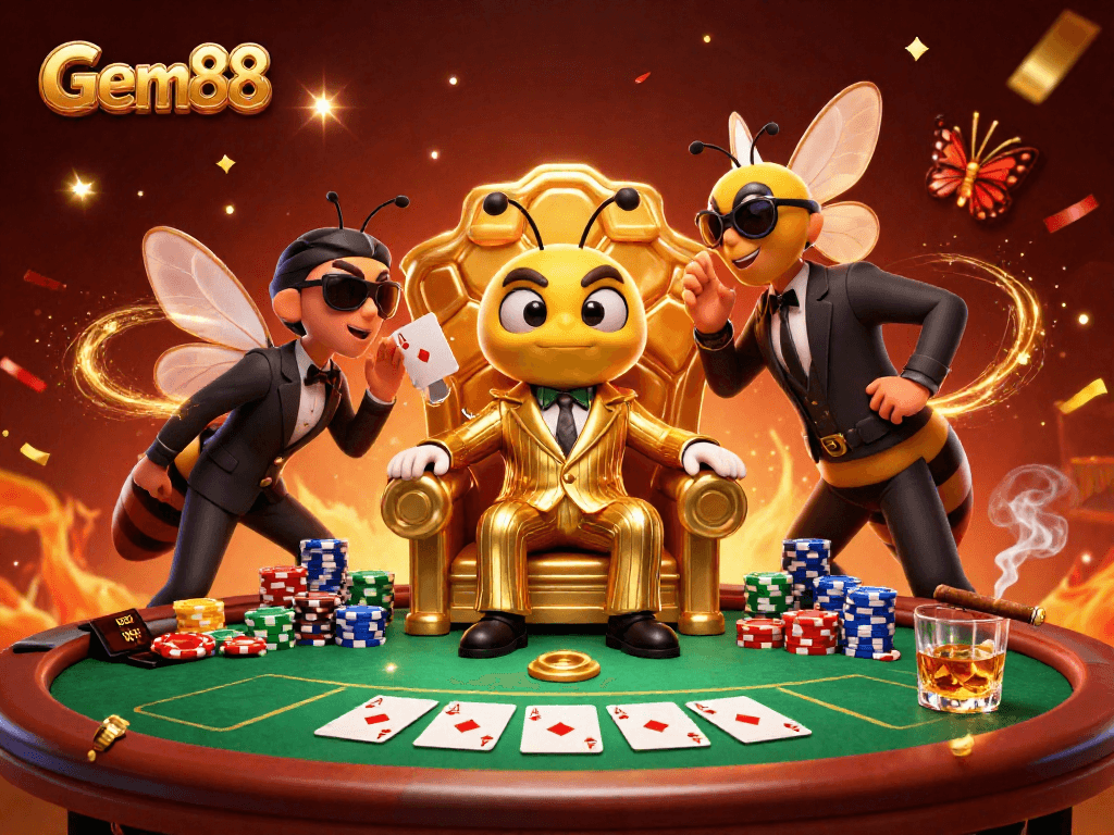 Experience thrilling poker action with Gem88's bumblebee mob boss and vibrant casino elements.