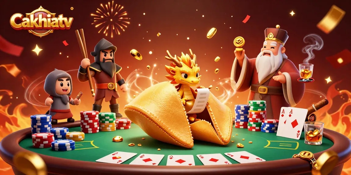 Cakhiatv showcases a vibrant casino scene with a golden fortune cookie and dragon, bringing live betting excitement.