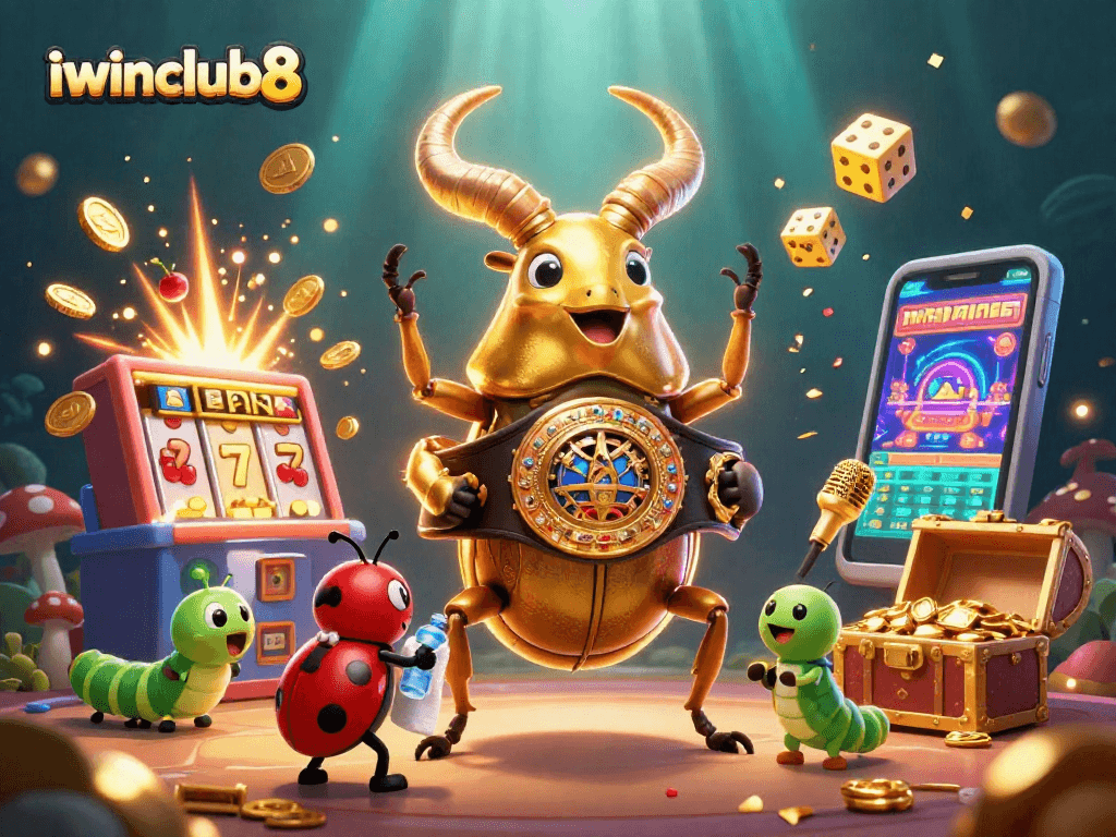 Engage with iwinclub8's exciting 3D casino scene featuring unique characters amidst jackpot celebrations.