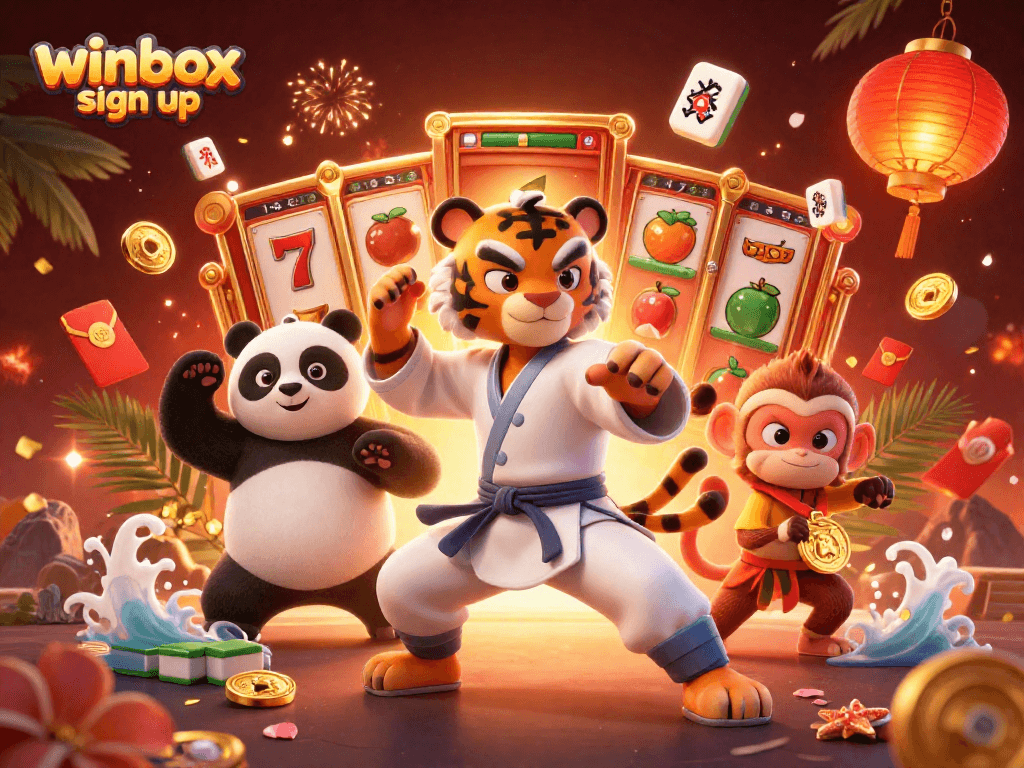 Winbox sign up with a tiger master, panda disciple, and monkey student celebrating slots and jackpots.