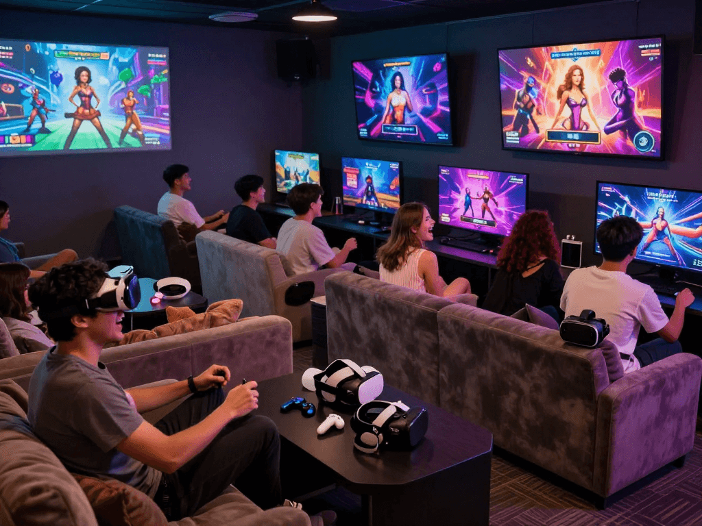 Engaged players enjoying sex games in a lively gaming lounge, showcasing excitement and immersive visuals.