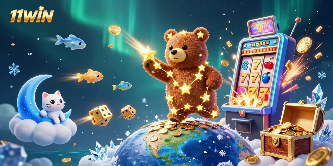 Experience thrilling wins with 11WIN's dynamic casino gaming scene showcasing vibrant slot machines and playful cosmic elements.