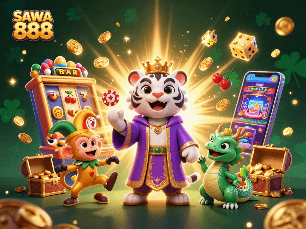 Engage in the fun at SAWA 888 with a vibrant 3D scene showcasing playful casino elements and characters.