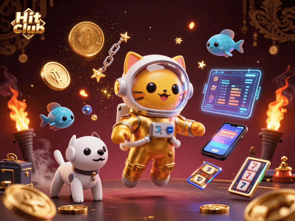 Hit club showcases exciting 3D digital casino elements with a space theme featuring a cosmic cat and dog.