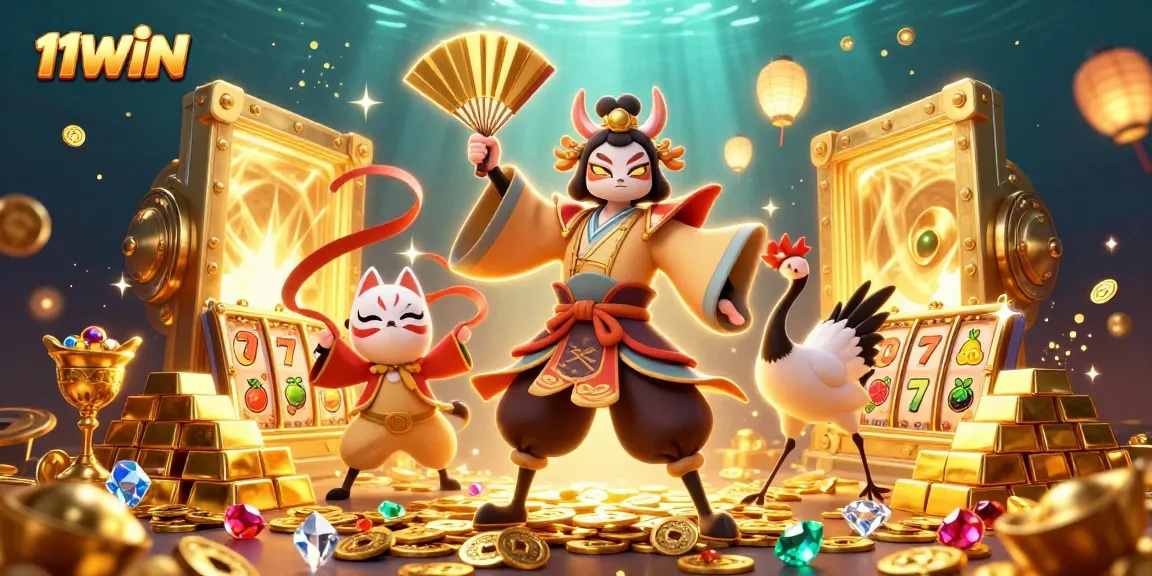 Engage with 11WIN's vibrant, dynamic casino scene filled with treasures and vibrant characters.