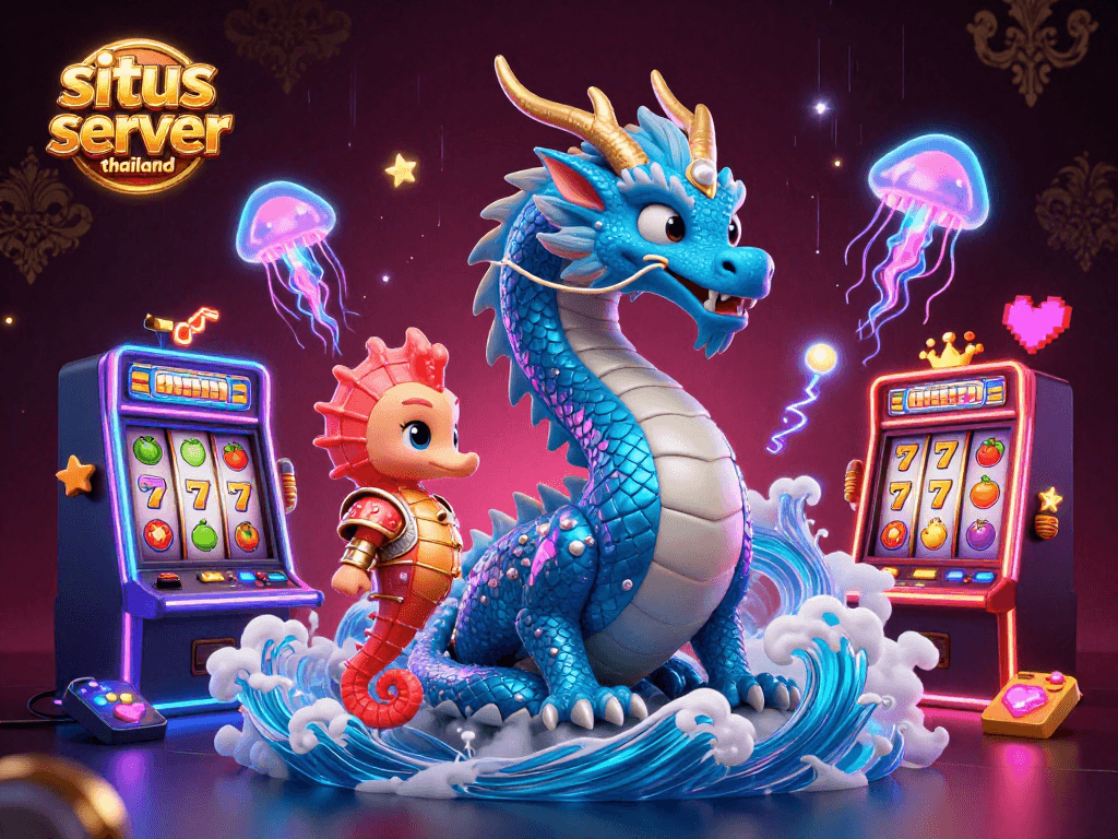 Sparking excitement with situs slot server thailand, a vibrant scene of casino slot machines, a dragon, and a seahorse knight.