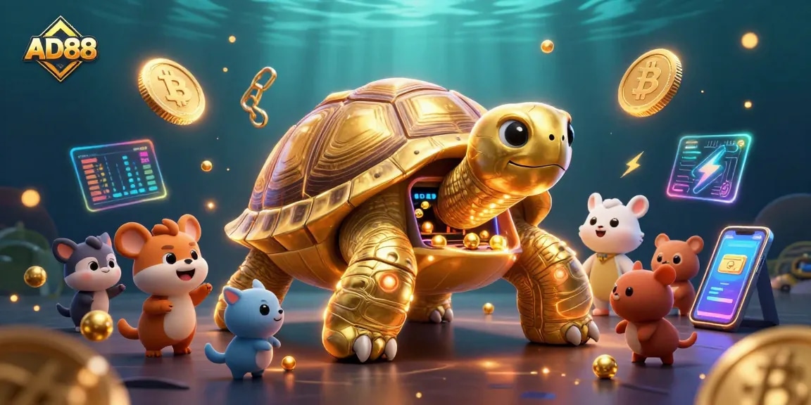 Experience thrilling fun at AD88 with a colossal tortoise pinball machine surrounded by crypto coins.