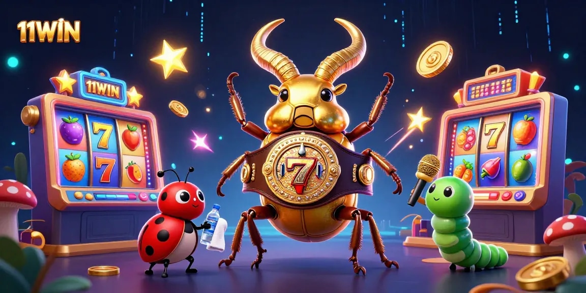 Engage with 11WIN in a vibrant scene featuring a boxing beetle and slot machine symbols.