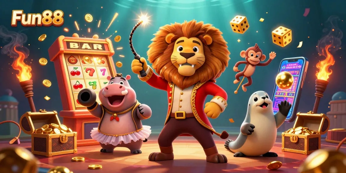 Experience Fun88's thrilling casino action with vibrant characters and games in this immersive illustration.