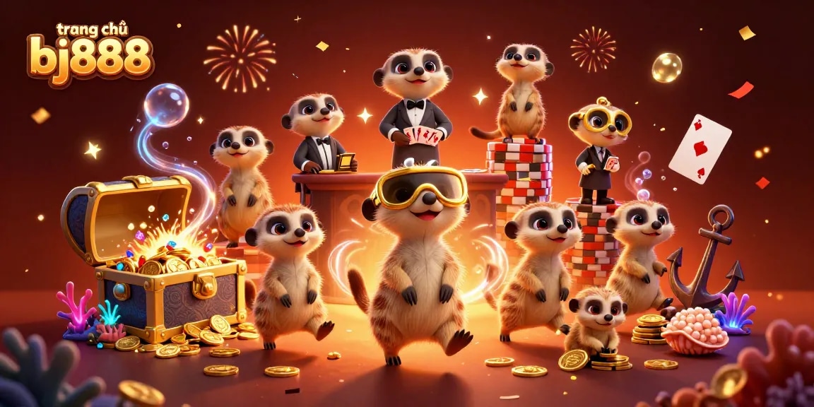 Experience the excitement of trang chủ bj888 with meerkats running a vibrant casino scene packed with colorful details.