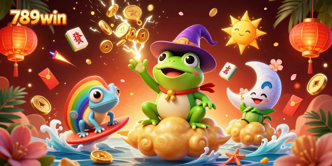 Experience the thrill of 789win with a stunning digital illustration of a wizard frog and chameleon amidst floating game elements.