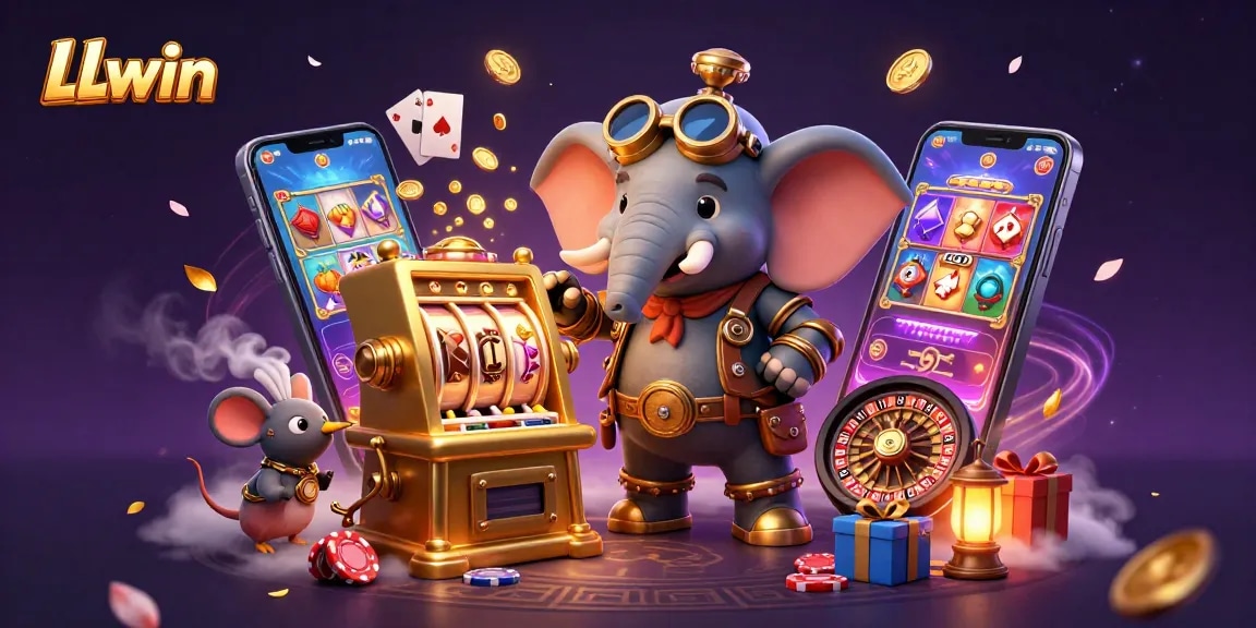 LLwin's exciting casino scene features a steampunk elephant engineer with a golden slot machine and gaming elements.
