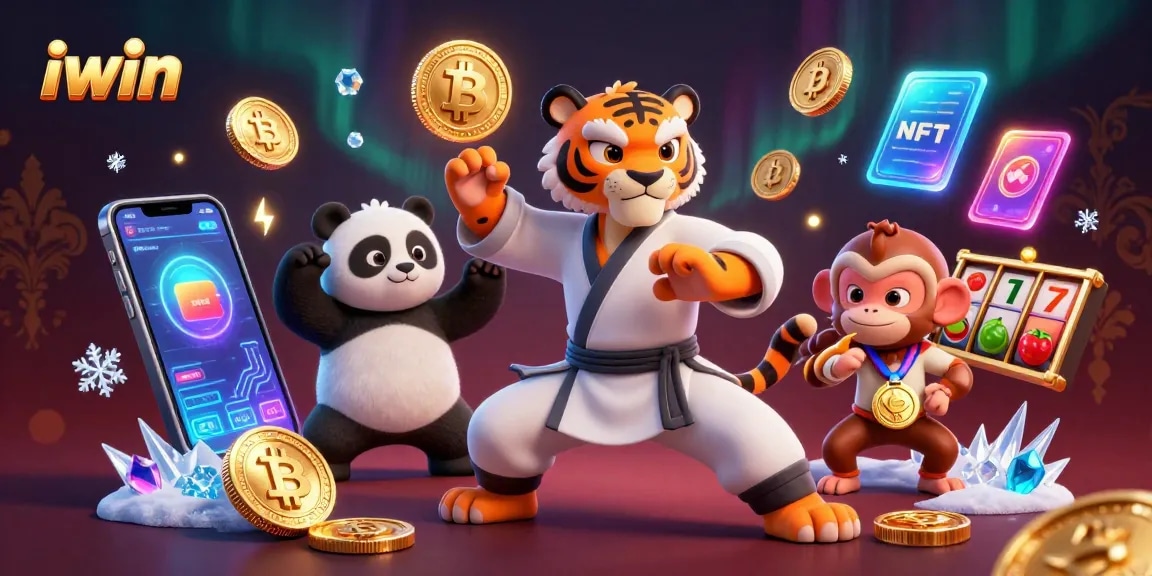 iwin tiger master showcases skills in a vibrant casino scene filled with crypto and game symbols.