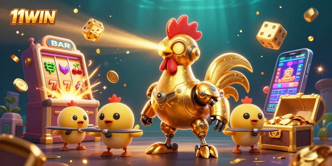 Experience thrilling wins with 11WIN as a golden rooster robot and baby chick drones celebrate a jackpot