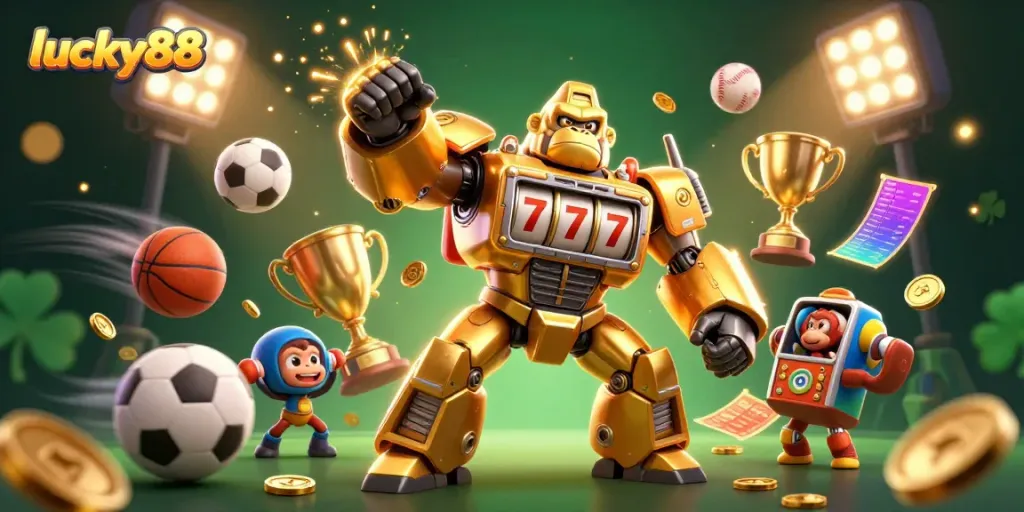 Place bets on lucky88 with thrilling gameplay featuring an energetic golden gorilla mech.