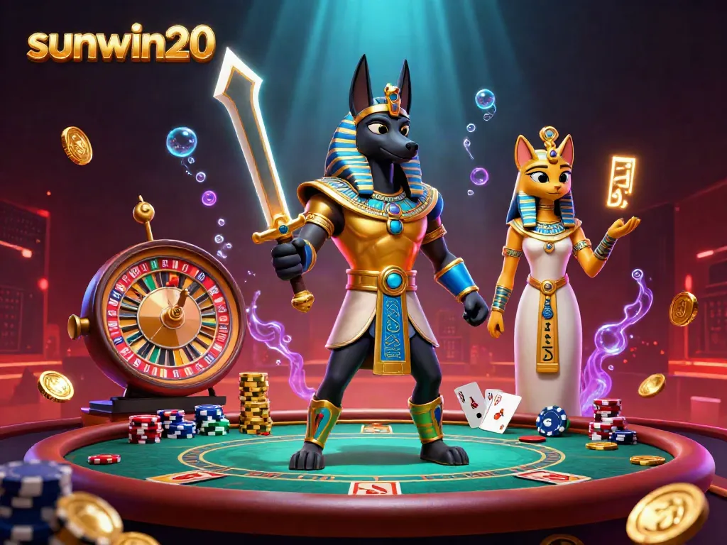 Play at sunwin20 with Anubis and Bastet amid vibrant casino elements.
