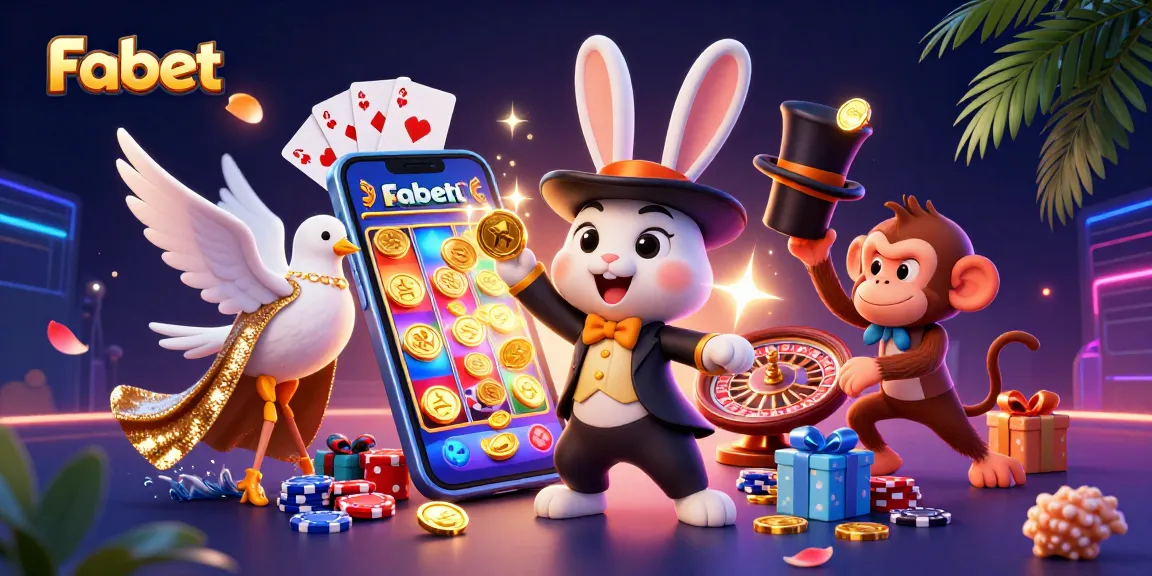 Win big with Fabet in this vibrant 3D casino scene featuring a magician rabbit and exciting game symbols.