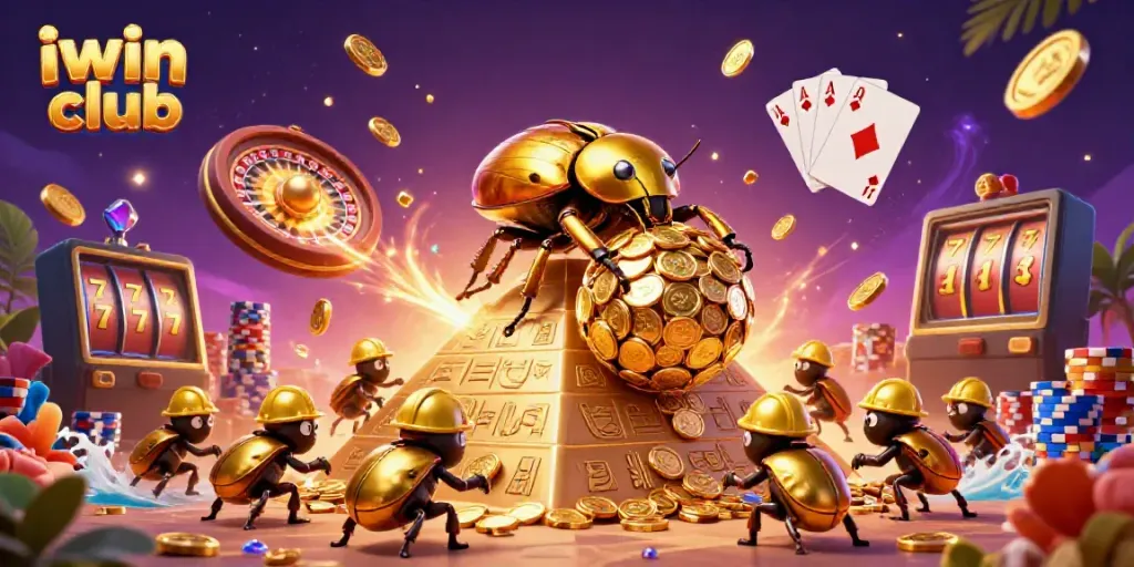 Engage with the iwin club as you witness a vibrant 3D casino scene filled with gold coins and games.