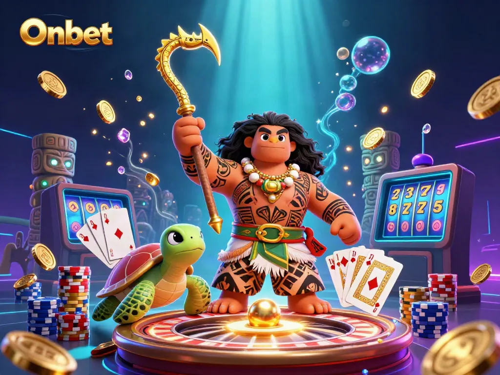 Experience the excitement of Onbet with a vibrant 3D scene featuring gaming elements and Polynesian characters.