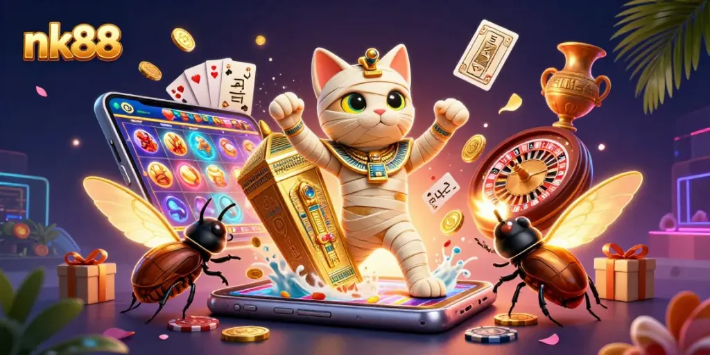 Engage in thrilling play at nk88 with a vibrant 3D illustration showcasing casino excitement.