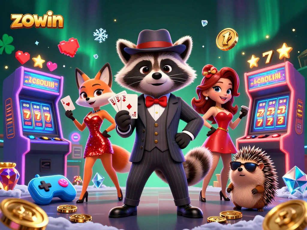 Experience winning at zowin with a playful raccoon holding a royal flush amidst vibrant casino elements.