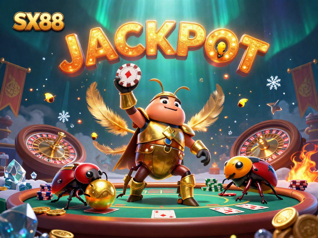 SX88 casino beetles celebrate winning with chips at a vibrant poker scene