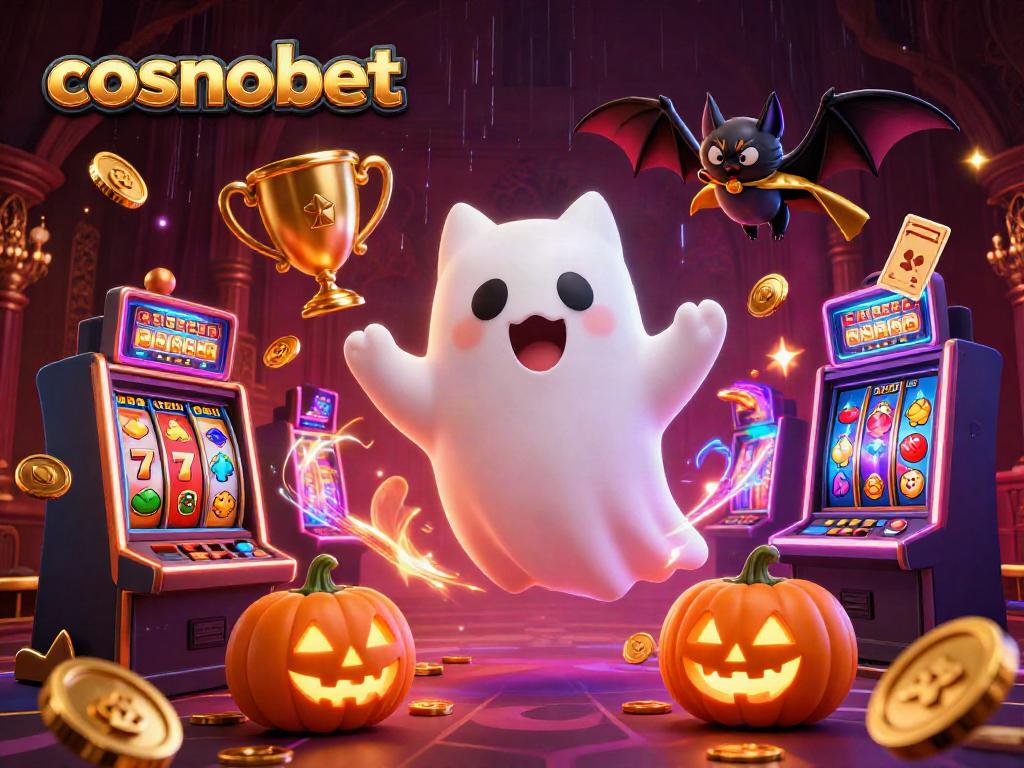 Play at cosmobet casino with a vibrant scene of a ghost cat, vampire bat, and glowing poker pumpkins.