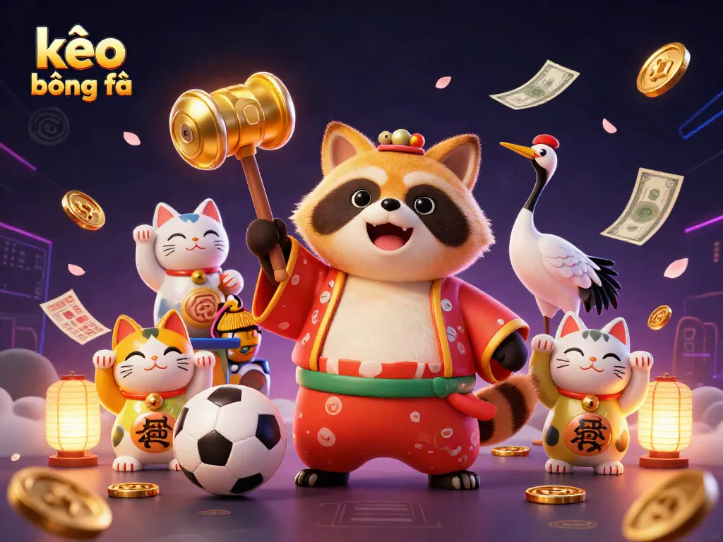 Experience exciting kèo bóng đá action with a cheerful tanuki, samurai crane, and colorful fortune cats in a vibrant casino scene.
