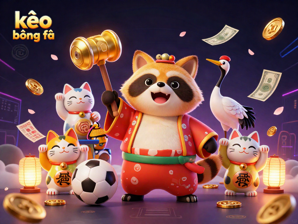 Experience exciting kèo bóng đá action with a cheerful tanuki, samurai crane, and colorful fortune cats in a vibrant casino scene.