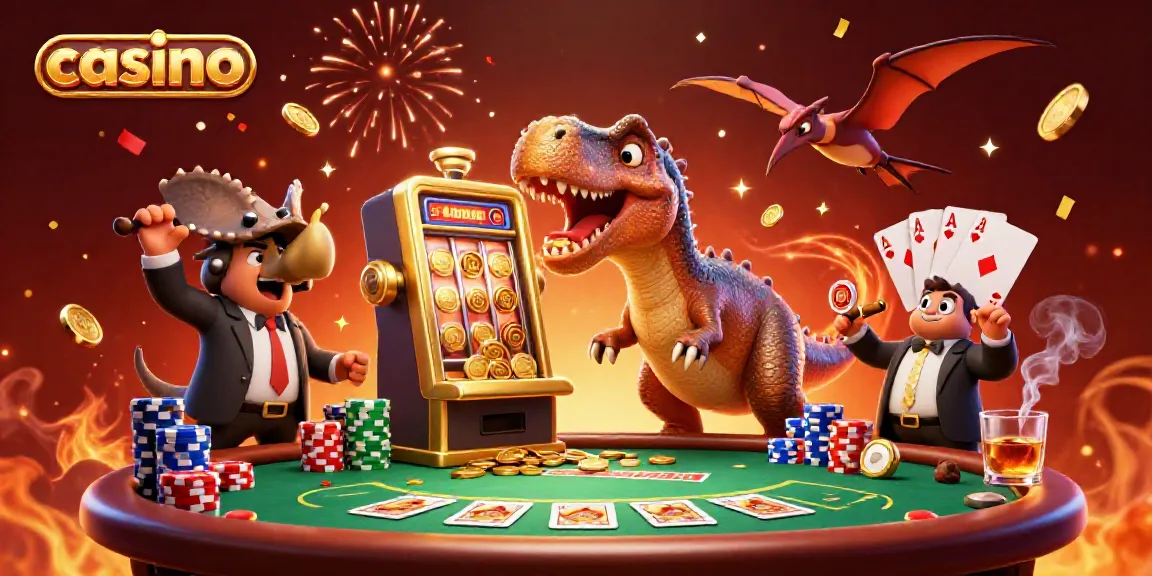 Dynamic casino scene with prehistoric characters celebrating a jackpot payout alongside poker elements.