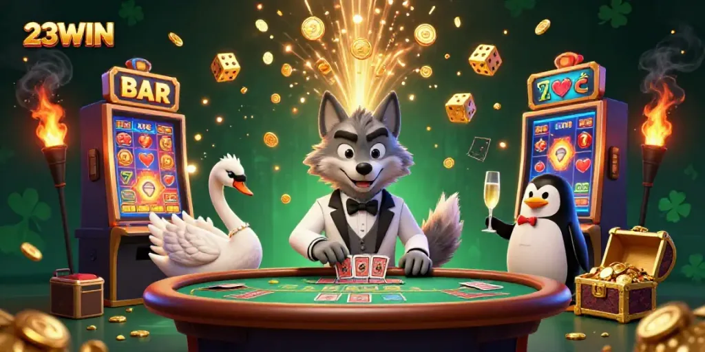 Experience excitement with 23WIN at a baccarat table as characters showcase thrilling casino elements.