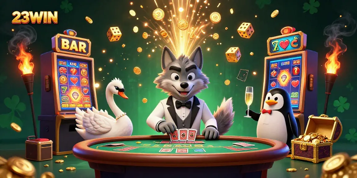Experience excitement with 23WIN at a baccarat table as characters showcase thrilling casino elements.